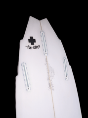 Cal twin fin tiger stripe by surf prescriptions tail angled view
