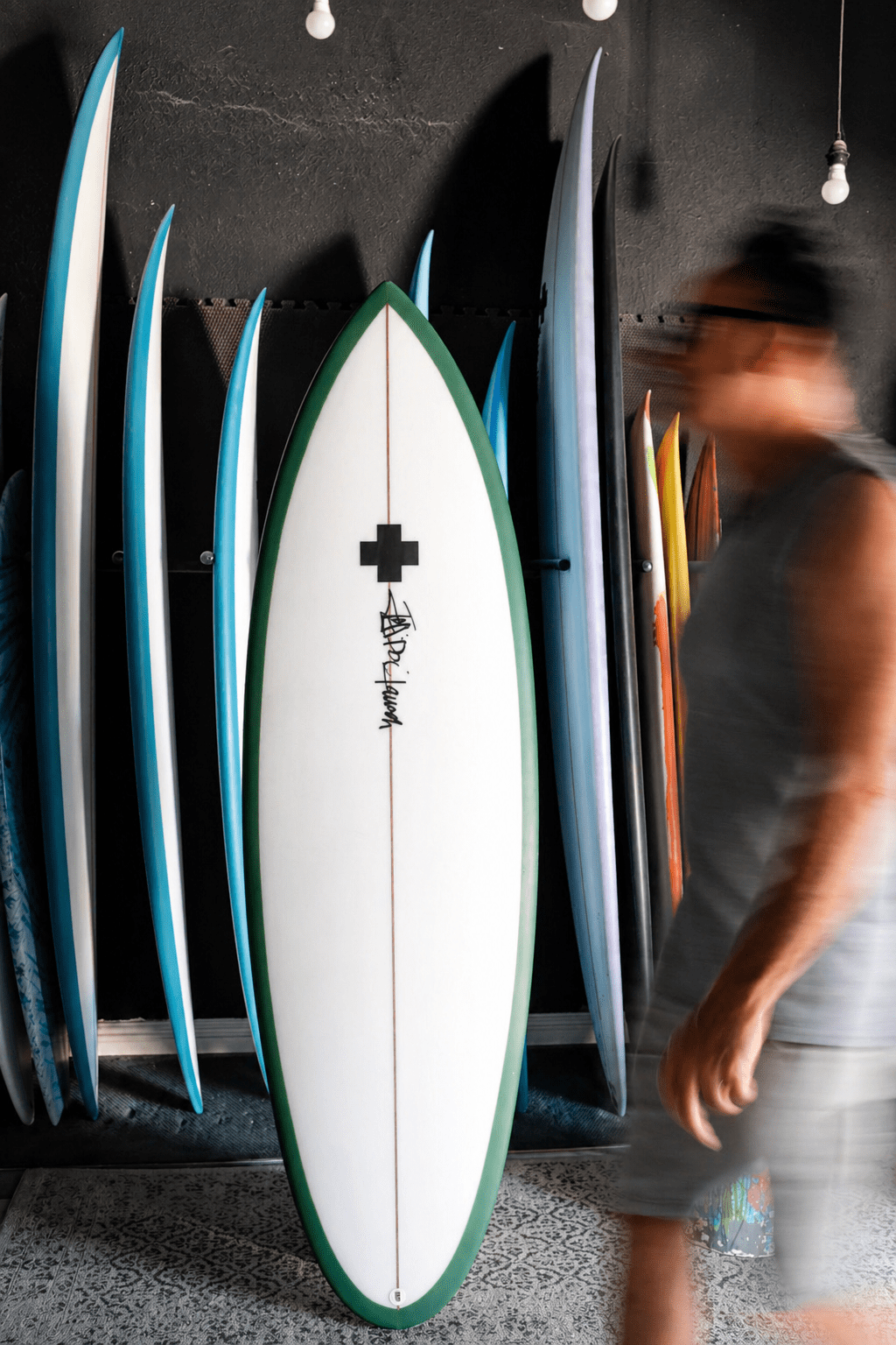 Custom Bushwacker groveler surfboard with green rails by surf prescriptions top view
