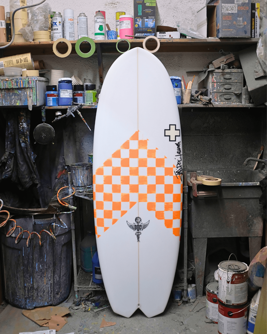 Custom v 12 flying turtle groveler surfboard with orange checkers by surf prescriptions top view