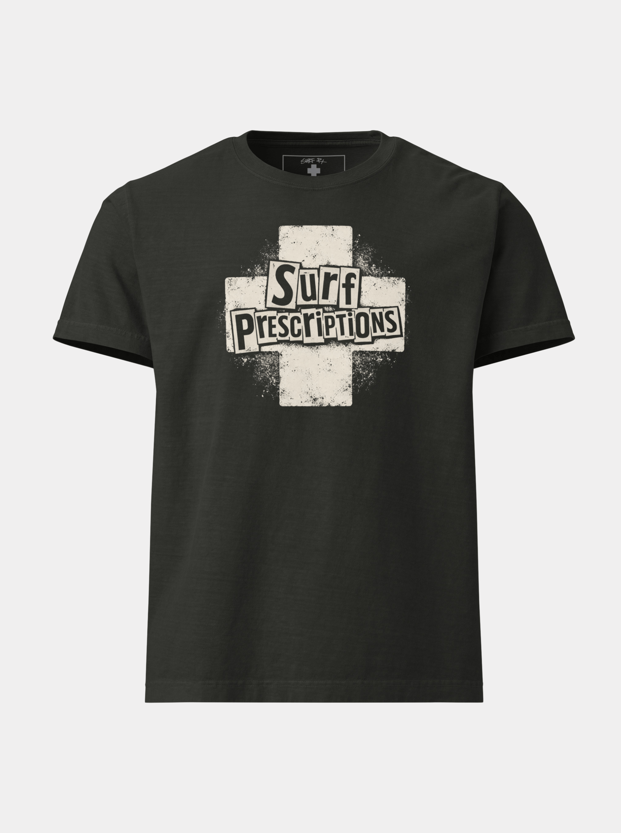black punk inspired stencil note tee by surf prescriptions top view