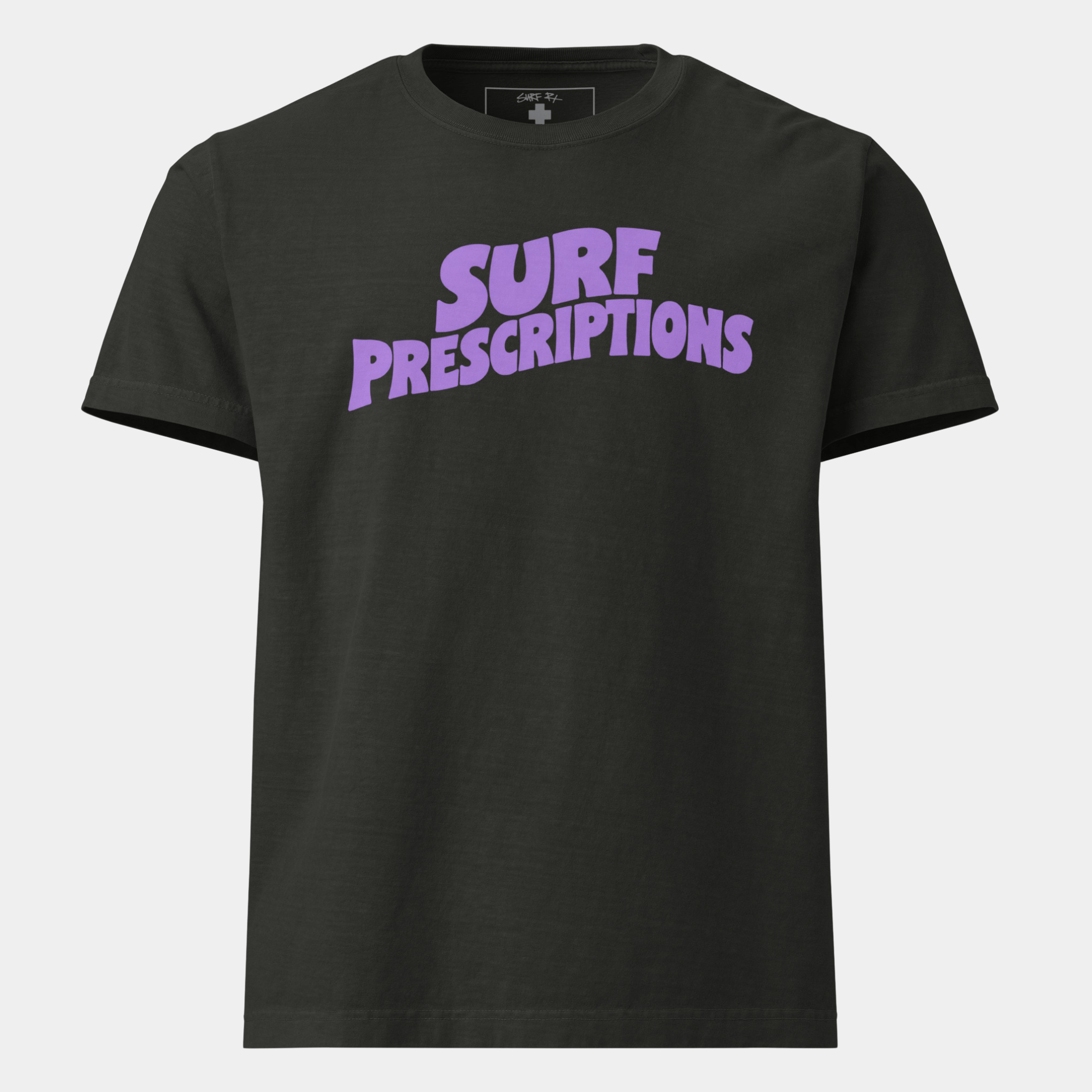 Doom Tee in black with bold purple "Surf Prescriptions" arched lettering across the chest, front view