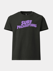 Doom Tee in black with bold purple "Surf Prescriptions" arched lettering across the chest, front view