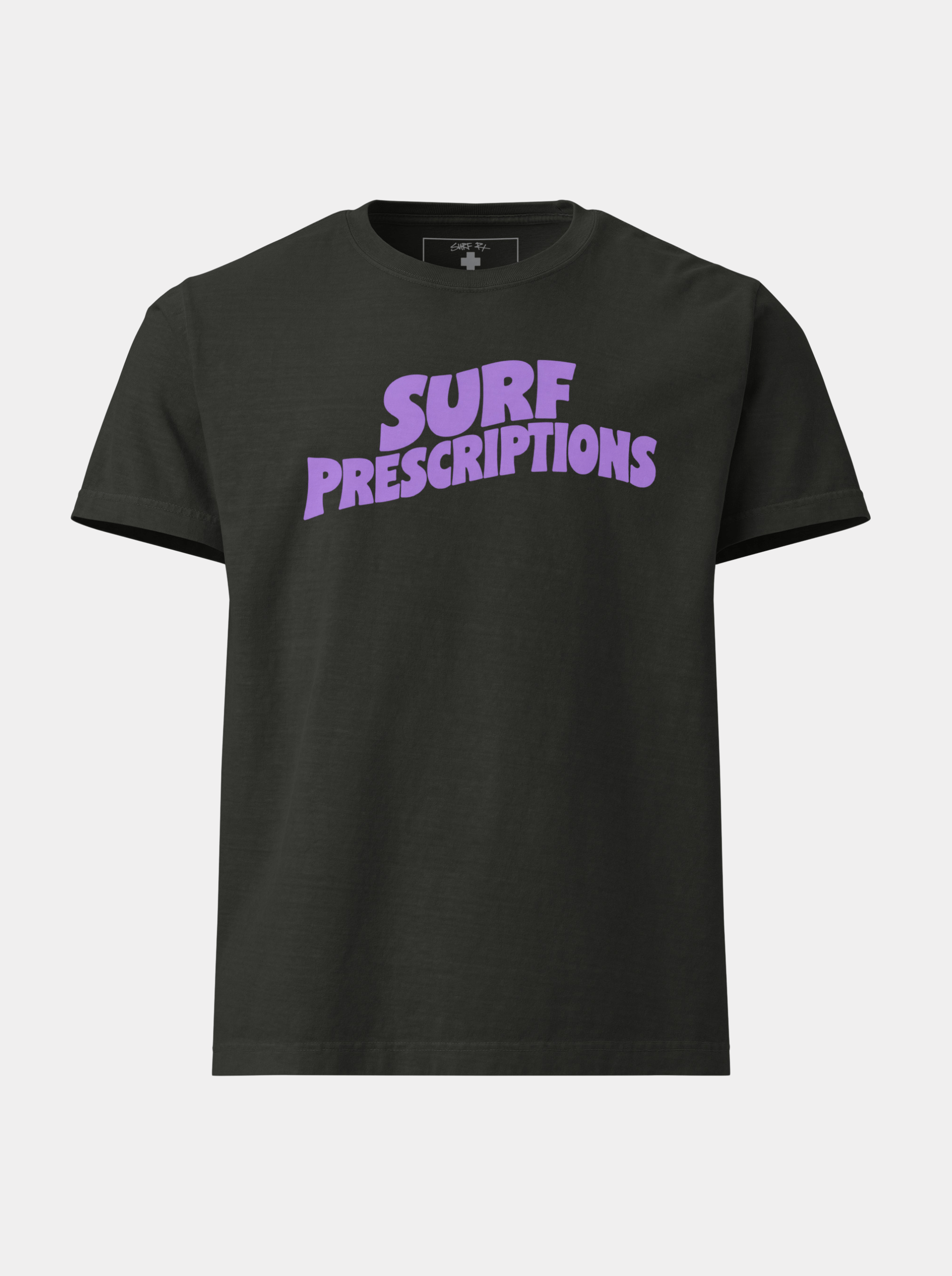 Doom Tee in black with bold purple "Surf Prescriptions" arched lettering across the chest, front view