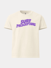 Doom Tee in white with bold purple "Surf Prescriptions" arched lettering across the chest, front view