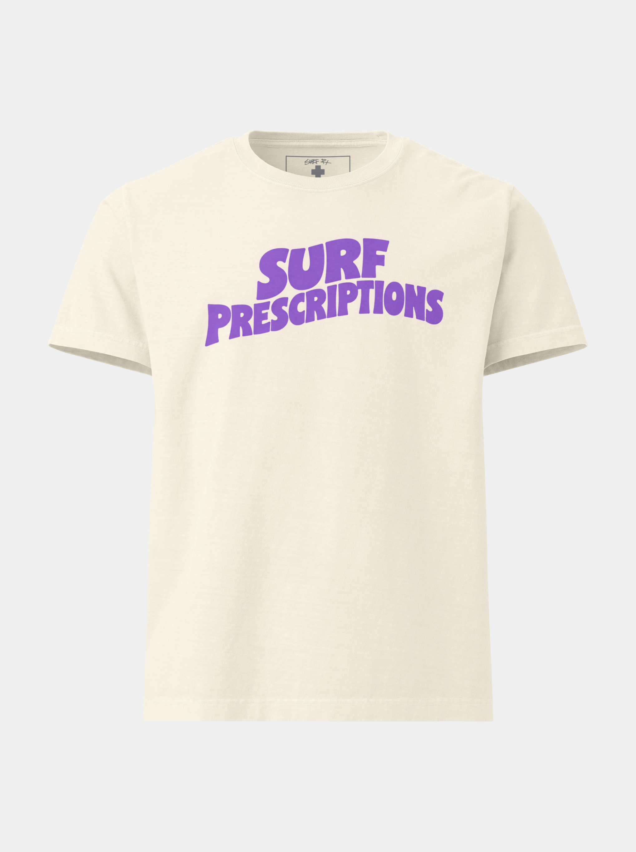 Doom Tee in white with bold purple "Surf Prescriptions" arched lettering across the chest, front view