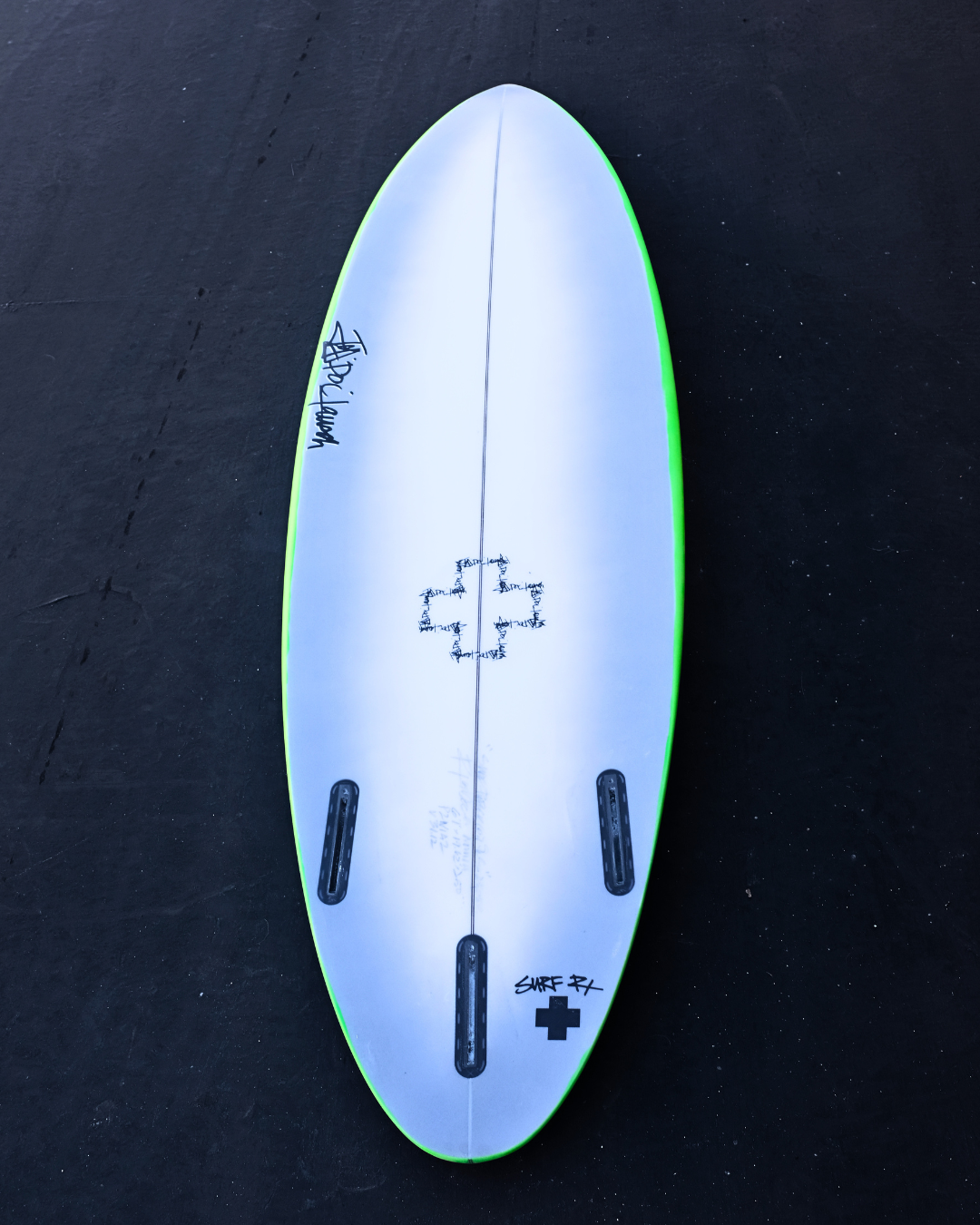 The PROIIXXV green rails performance shortboard by surf prescriptions bottom view