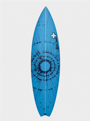 Blue surfboard with black circle paint job by surf prescriptions top view