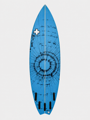 Blue surfboard with black circle paint job by surf prescriptions bottom view