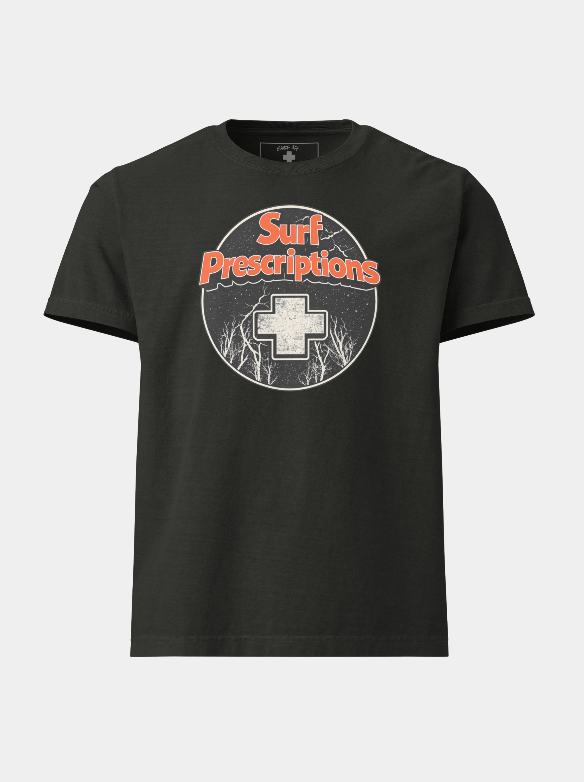 Heavy Rotation Tee in black with orange "Surf Prescriptions" lettering over a moonlit forest scene, front view