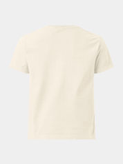 Heavy Rotation Tee in natural white with orange "Surf Prescriptions" lettering over a moonlit forest scene, back view