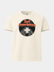 Heavy Rotation Tee in natural white with orange "Surf Prescriptions" lettering over a moonlit forest scene, front view