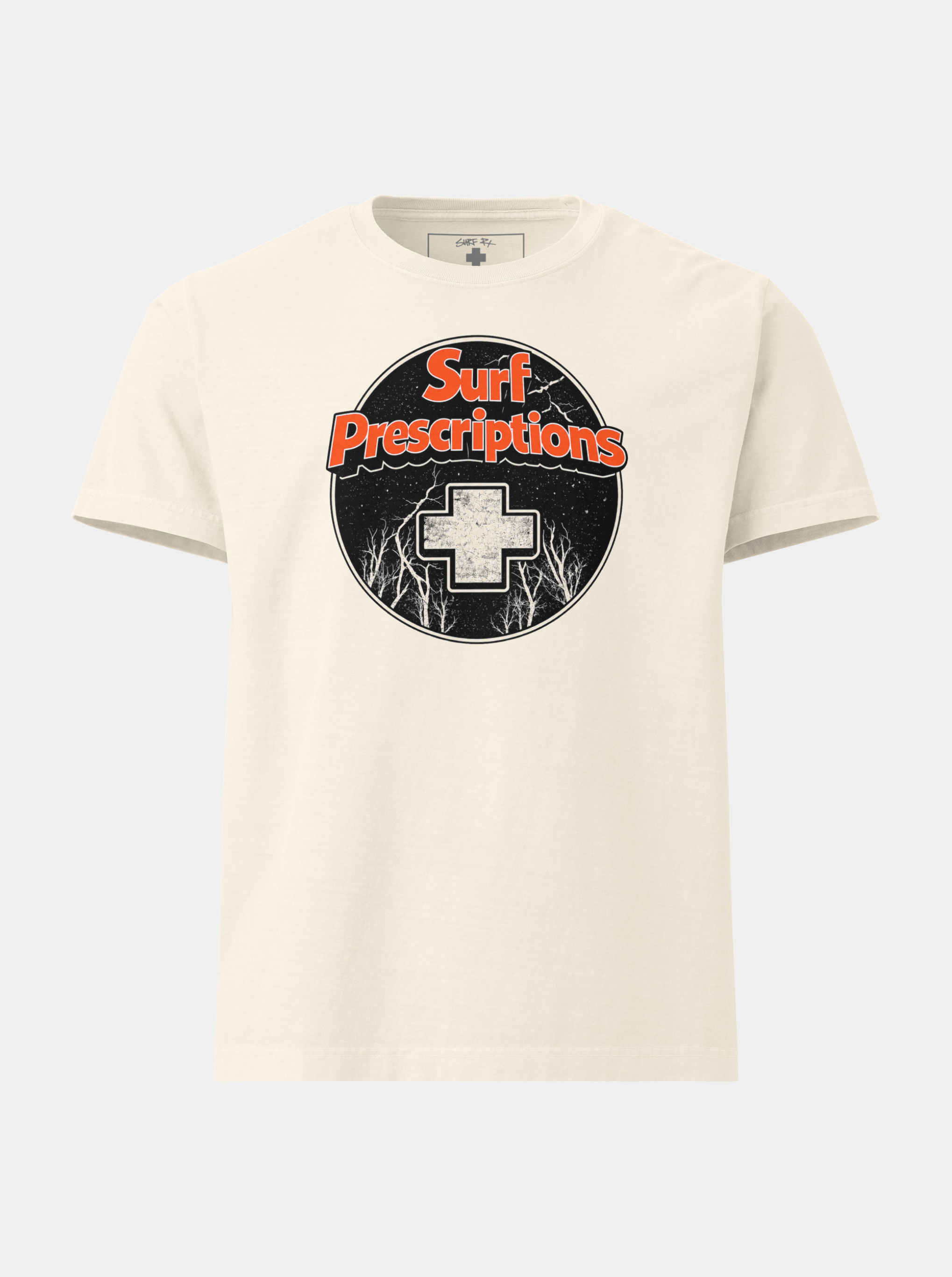 Heavy Rotation Tee in natural white with orange "Surf Prescriptions" lettering over a moonlit forest scene, front view