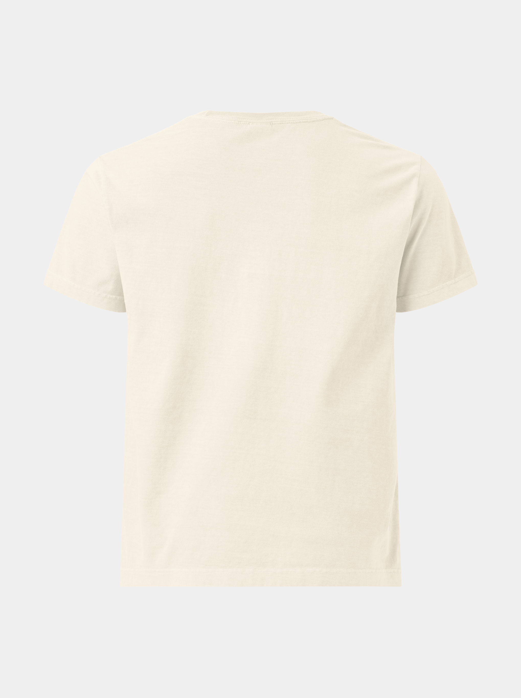 A cream-colored short-sleeve t-shirt shown from the back, displayed on a light gray background.