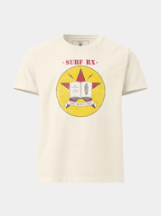 An off-white short-sleeve crewneck t-shirt featuring a vintage-style graphic on the front. The graphic includes the text 'SURF RX.
