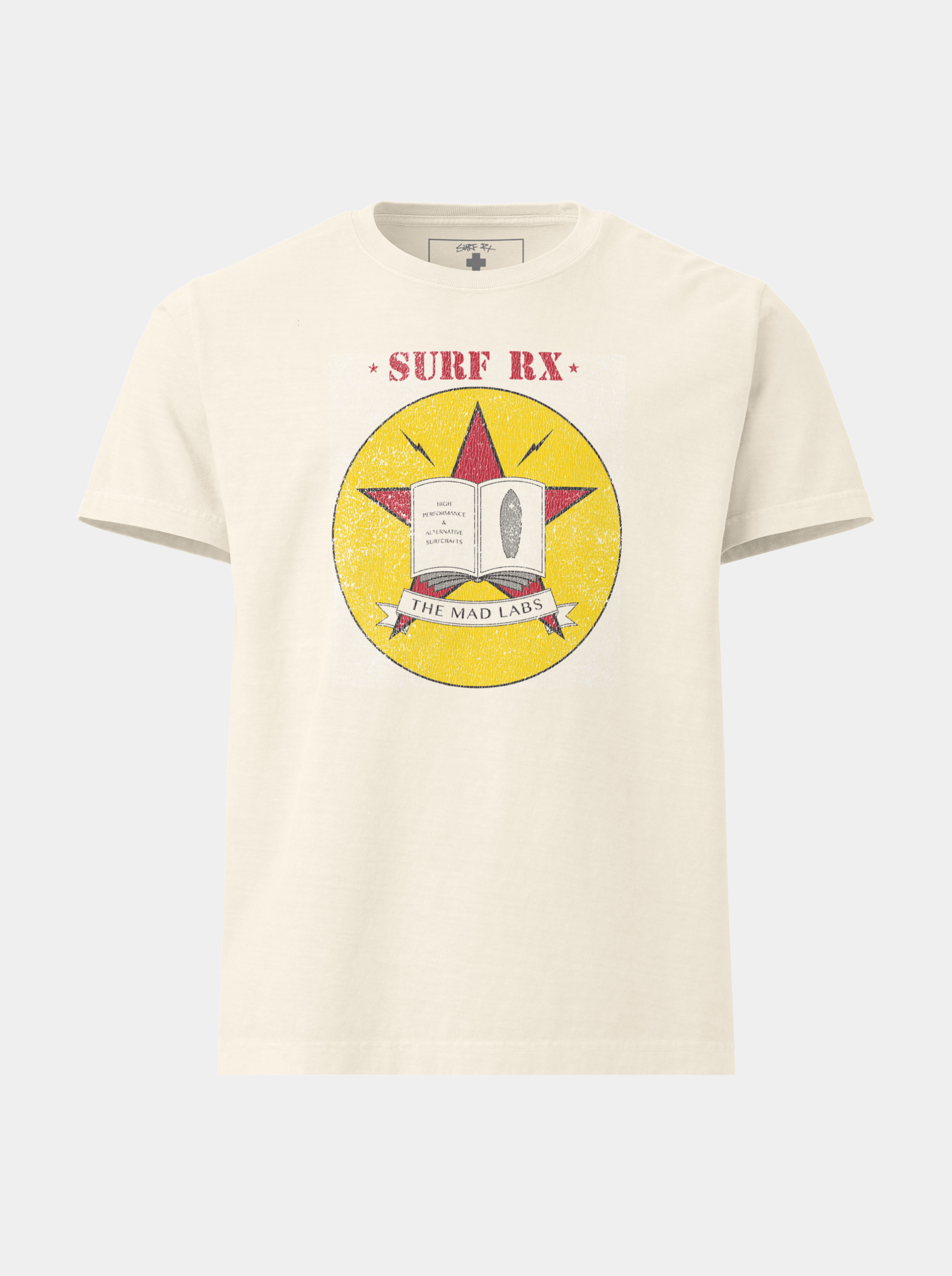 An off-white short-sleeve crewneck t-shirt featuring a vintage-style graphic on the front. The graphic includes the text 'SURF RX.