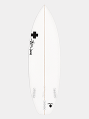 White surfboard with black logo on a white background by surf prescriptions bottom view