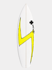 Surfboard with a yellow lightning bolt design on a white background by surf prescriptions